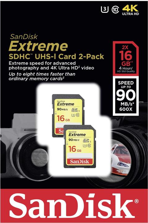 Produktbild SanDisk Extreme SDHC U3 2-Pack (16 GB, SDHC, U3, UHS-I)