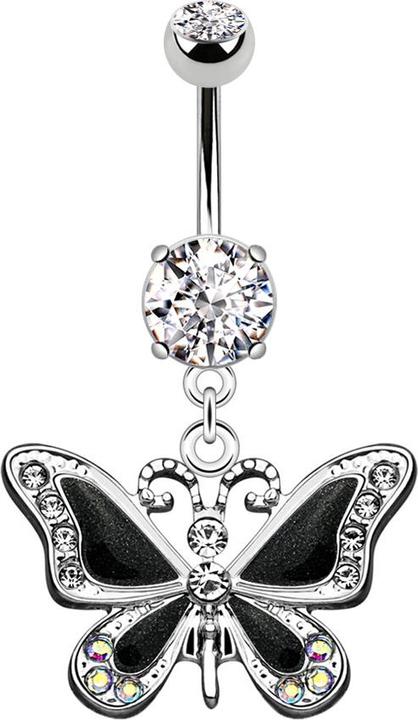 Star Piercing Banane silber mit Anhänger Schmetterling schwarz (Chirurgenstahl 316L)