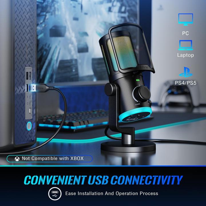 Actual product image Fifine AM6 Gaming condenser microphone with chat and gaming volume, RGB light ring, noise cancelling