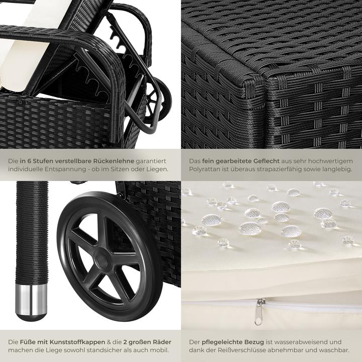 Produktbild tectake Sonnenliege Rattan mit Rollen (200 cm)