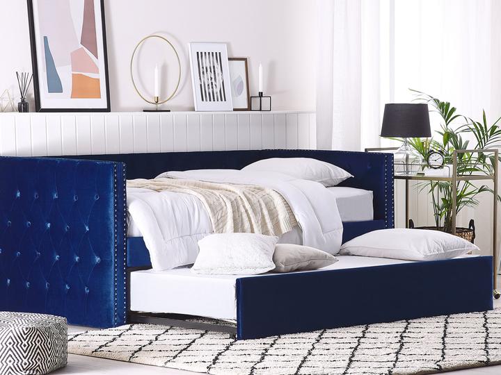 Actual product image Beliani Daybed extendable velvet fabric navy blue slatted frame 90 x 200 cm GASSIN (90 x 200 cm)