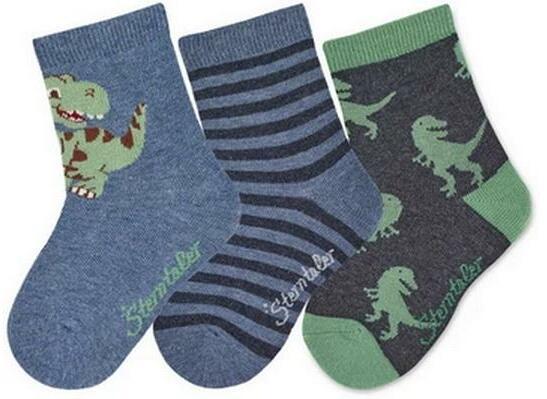 Sterntaler Socken 3er Set Ringel/Dinos Blau/Grün/Grau Gr. 27-30 (3er Pack, 27 - 30)