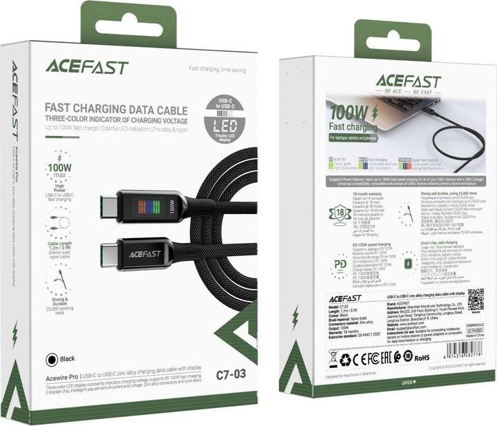 Actual product image Acefast C7-03 USB-C USB-C 100W 1.2m cable with display - black (1.20 m, USB 3.0)