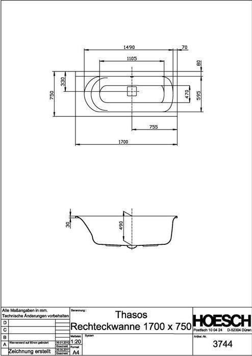 Produktbild Hoesch Badewanne THASOS 1700x750x490mm weiss (190 l, 172 cm, 75 cm)