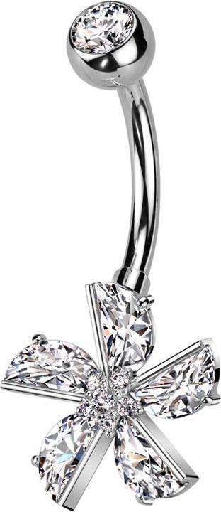 Star Piercing Banane silber mit Kugel Kristall silber und Blume Kristalle silber (Chirurgenstahl 316L, Messing)