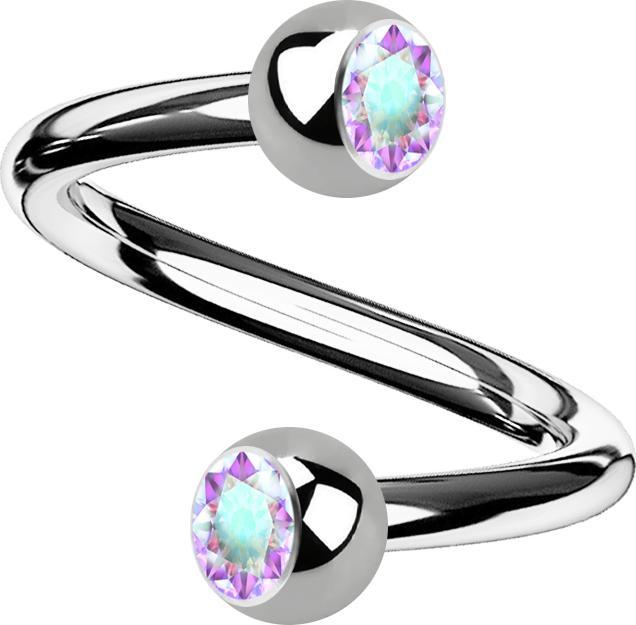 Star Piercing Micro Spirale silber mit zwei Kugeln Kristall multicolor (Titan G23, ohne Messing)