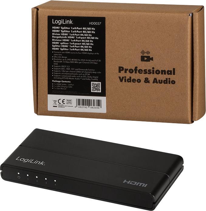 Actual product image LogiLink HD0037 HDMI Splitter 1x4-Port, 4K/60 Hz, HDCP, HDR, CEC, downscaler