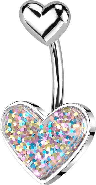 Star Piercing Banane silber mit Herz silber und Herz silber Glitter (Messing, Chirurgenstahl 316L)
