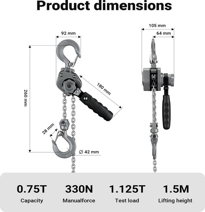 Produktbild Wiltec Mini Hebelzug bis 750kg Handkettenzug 1,5m Hubhöhe Kettenzug Hebezeug