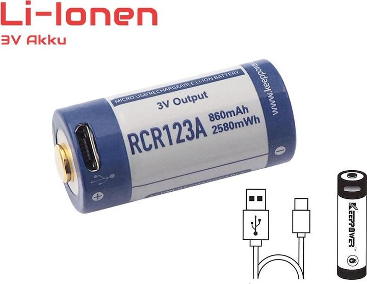 Image du produit Keeppower RCR123A 3.0 Volt 880mAh 1,5A Batterie lithium-ion 16340, rechargeable uniquement via micro USB (1 pcs, 16340, 880 mAh)