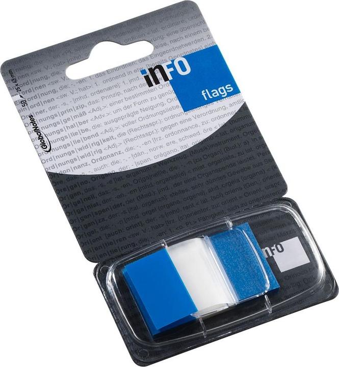 Actual product image PET flags in dispenser 25 x 43 ( page marker ), transparent with blue colour border on 4C, 400g/m²