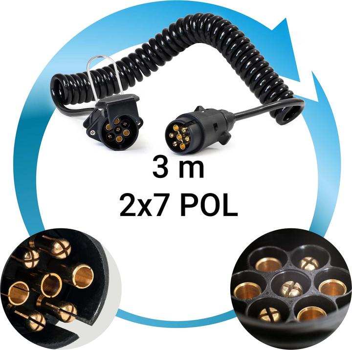 Image du produit Wiltec 7-poliges Spiralkabel 3m Anhängerkabel PVC Verlängerungskabel Stecker Buchse