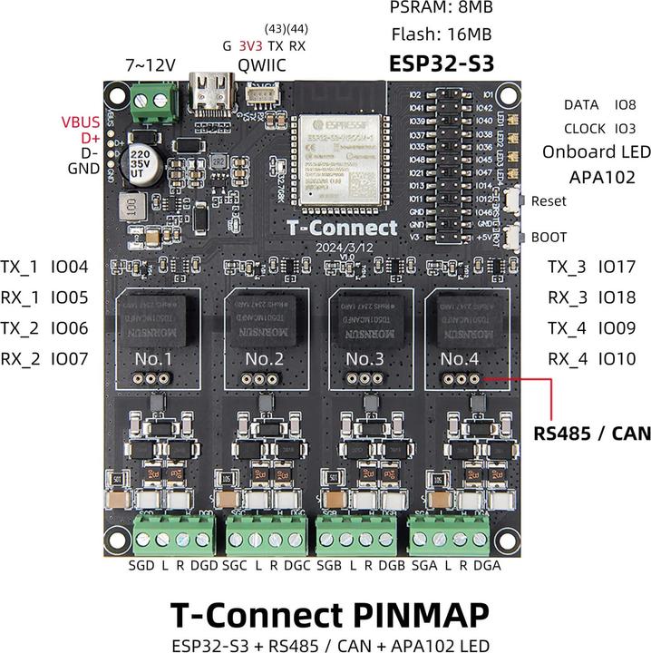 Actual product image Lilygo T-Connect ESP32-S3 with 4x RS485