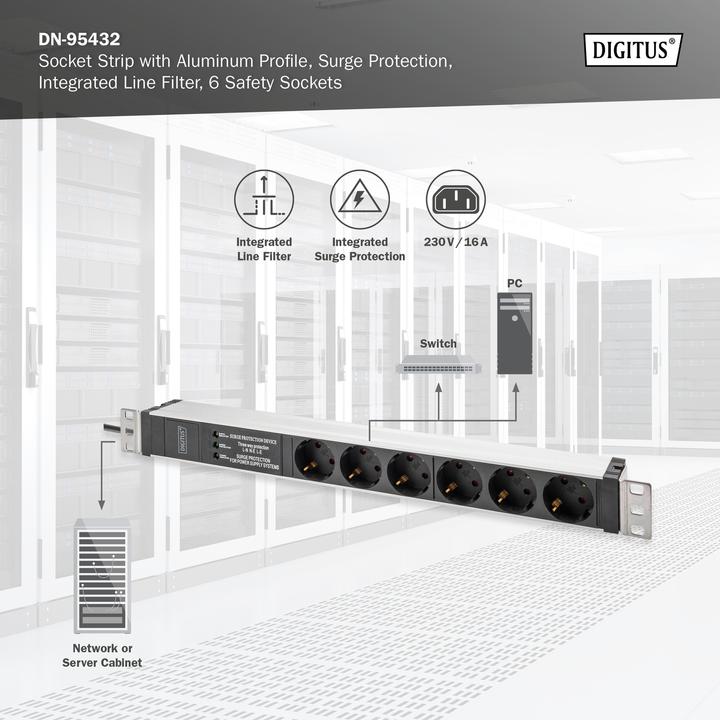 Produktbild Digitus Steckdosenleiste mit Aluminiumprofil und Überspannungsschutz, integrierter Netzfilter, 6-fach Schutz (6 x, CEE 7/3, 2 m)