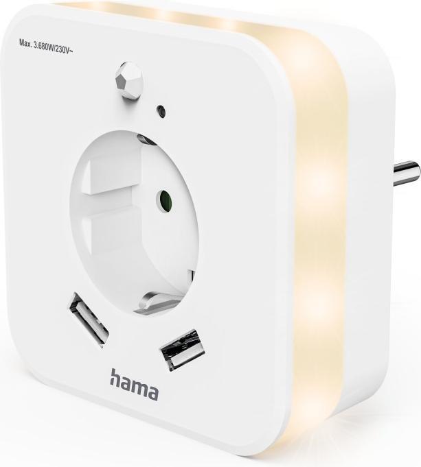 Produktbild Hama LED-Nachtlicht mit Steckdose, 2 USB-Ausgänge, Bewegungsmelder, Lichtsensor