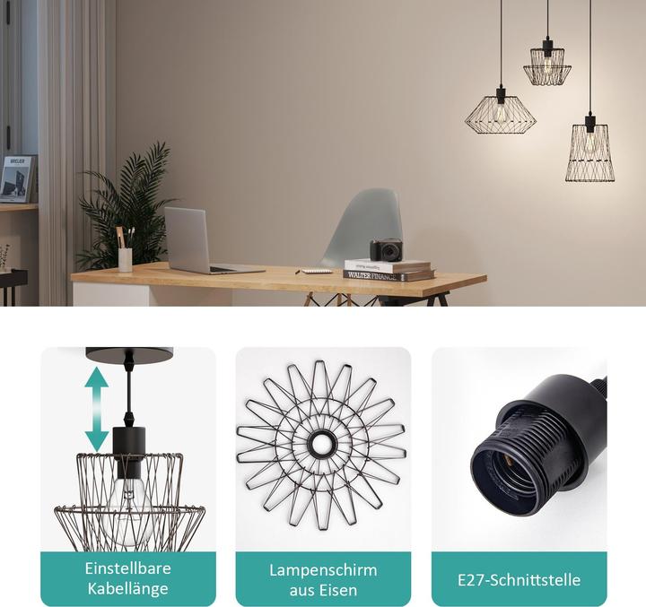 Produktbild Emke Pendelleuchte Lydia, E27 Pendellampe Retro 1 flammige Hängelampe Metallic, Schwarz (E27)