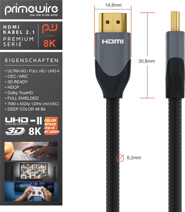 Actual product image Primewire HDMI Cable 2.1, Type A, 8K, Premium, Nylon Jacket, 7680 x 4320 @ 120 Hz - 4k@ 240 Hz with DSC (2 m, HDMI)
