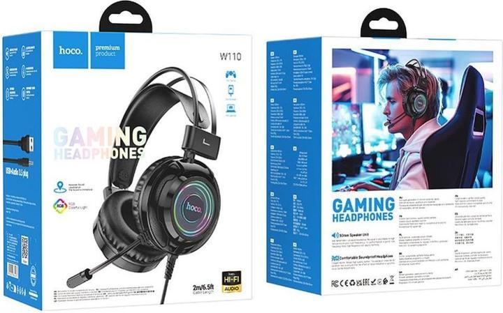 Produktbild Hoco Wired headphones wire headphones USB A + Jack 3,5 mm with microphone gaming W110 2 m black (Kabelgebunden)