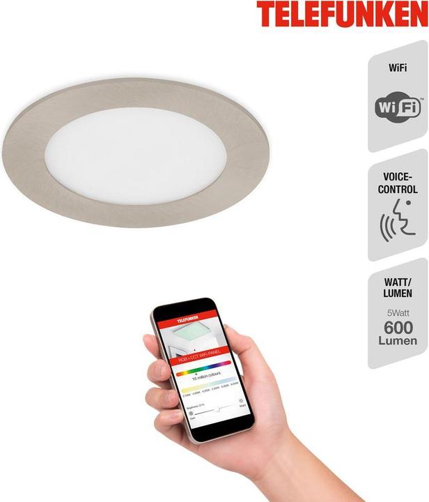 Produktbild Telefunken LED Einbauleuchte dimmbar IP23 WiFi RGBW 6W 600 lm warmwei - tageslichtwei rund nickel matt 120 (600 lm)