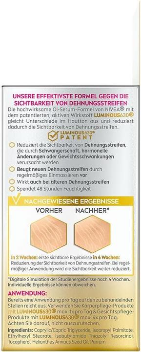 Nutritional values and ingredients NIVEA Luminous Body Öl-Serum Anti-Dehnungsstreifen (Body oil, 100 ml)