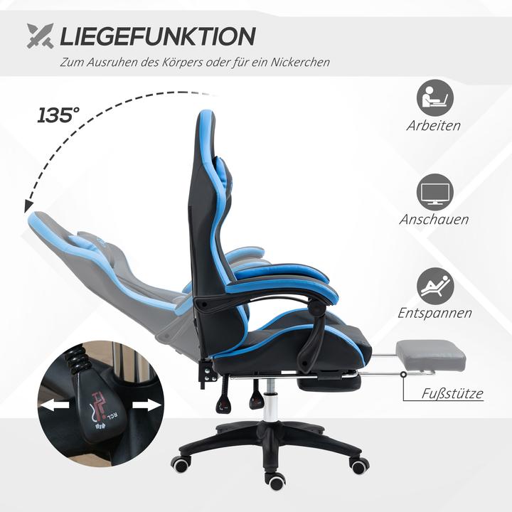 Produktbild Outsunny Gaming Stuhl Bürostuhl mit Lendenkissen, Kopfstütze, mit Fussstütze
