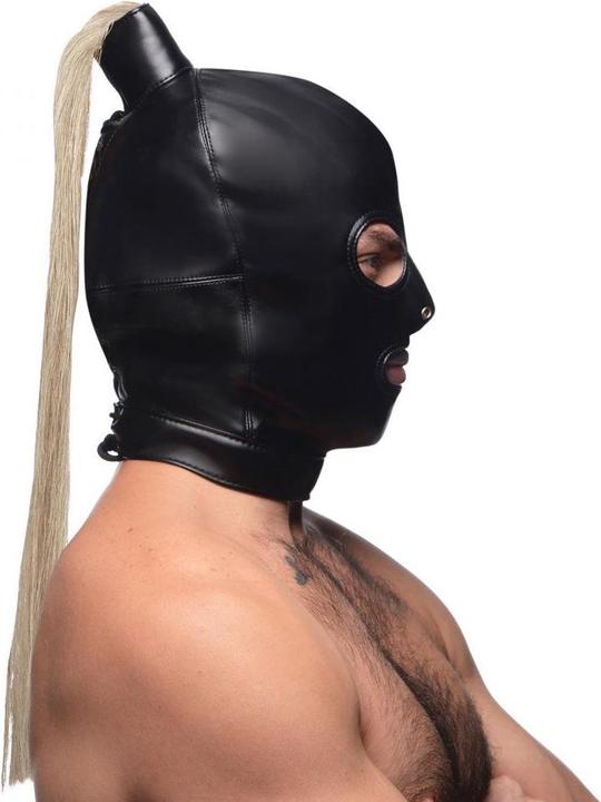 Actual product image XR Brands Blonde Pferdeschwanz Bondage Haube Schwarz
