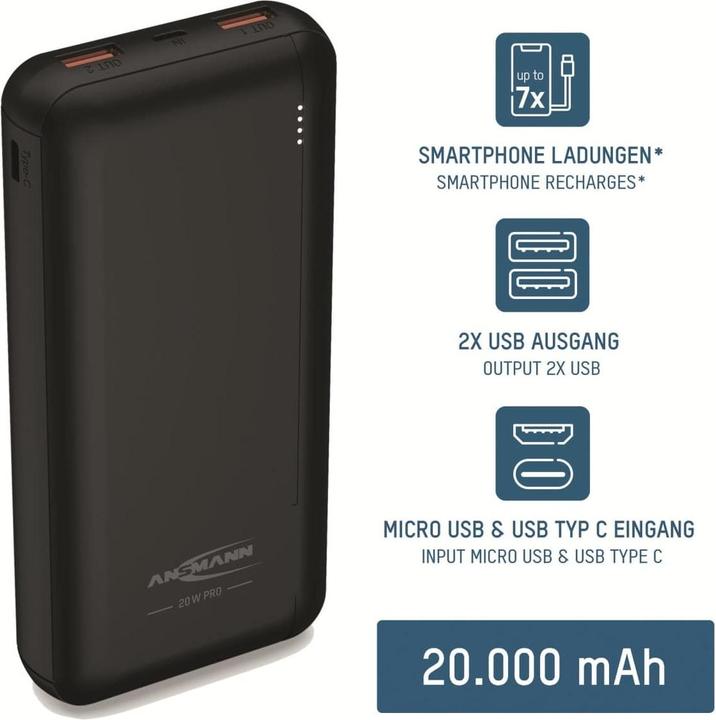 Produktbild Ansmann Powerbank 20.000 mAh PB320PD USB-C Ein/Ausg (20000 mAh, 20 W, 74 Wh)