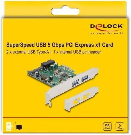 Actual product image Delock PCI Express x1 card to 2 x external USB 3.2 Gen 1 Type-A + 1 x internal 19 pin USB male connector