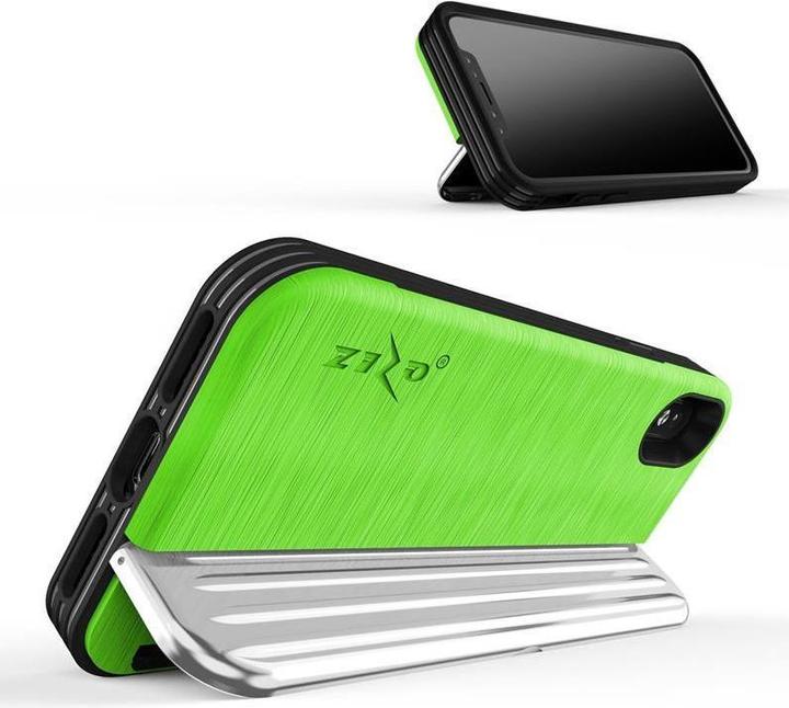 Produktbild Zizo Retro Series – iPhone Xs/X-Hülle mit Kartenfach + Ständer + 9H-Glasscheibe (Neongrün/Silber) (Apple iPhone XS)