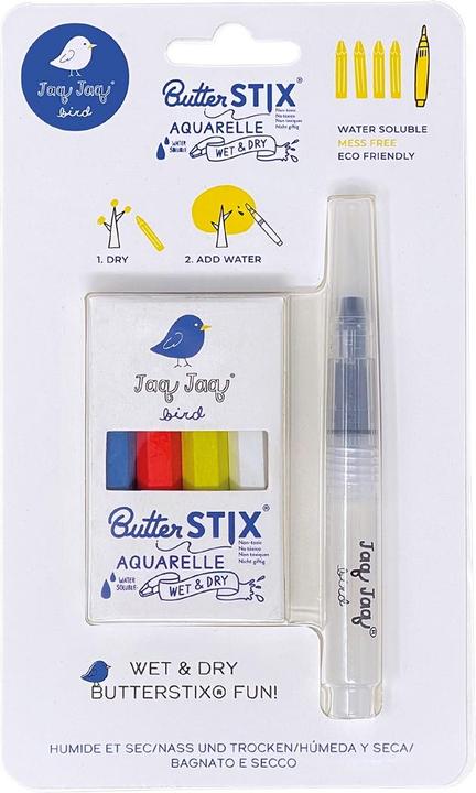 Jaq Jaq Bird 4 Chalk Butterstix with watercolour pencil (Red, Yellow, White, Blue, 5 x)