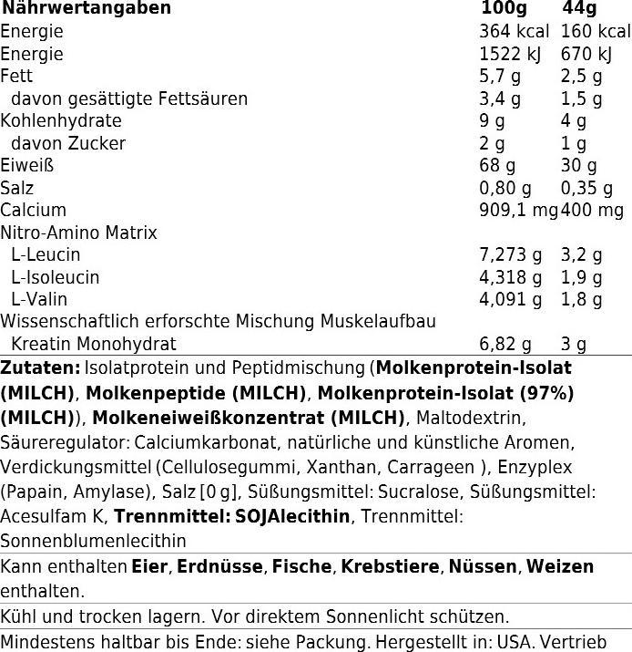 Valori nutrizionali e ingredienti Muscle Tech Nitro Tech Performance (Vaniglia, 1 pz., 1800 g)