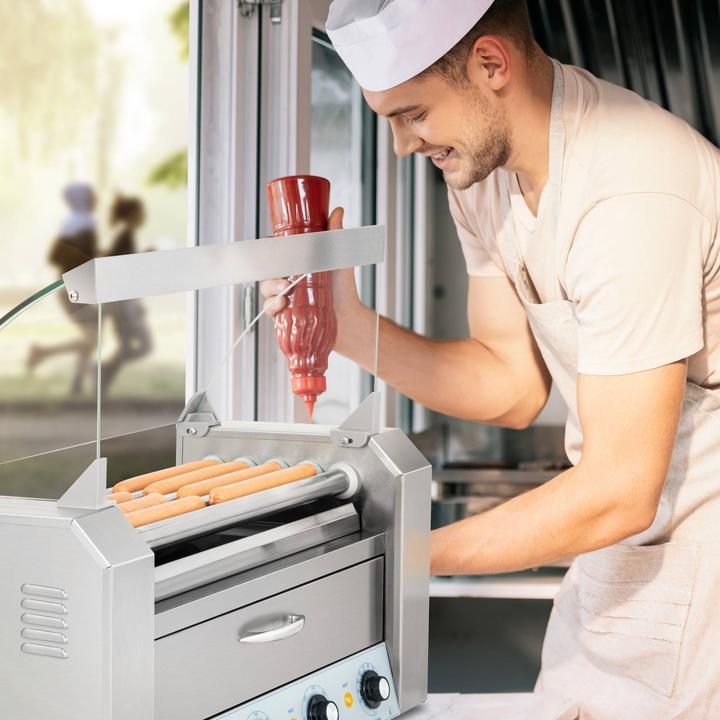 Produktbild Royal Catering Hot Dog Grill 2 Zonen Edelstahl Rollengrill Würstchengrill 5 Rollen 1.420 W