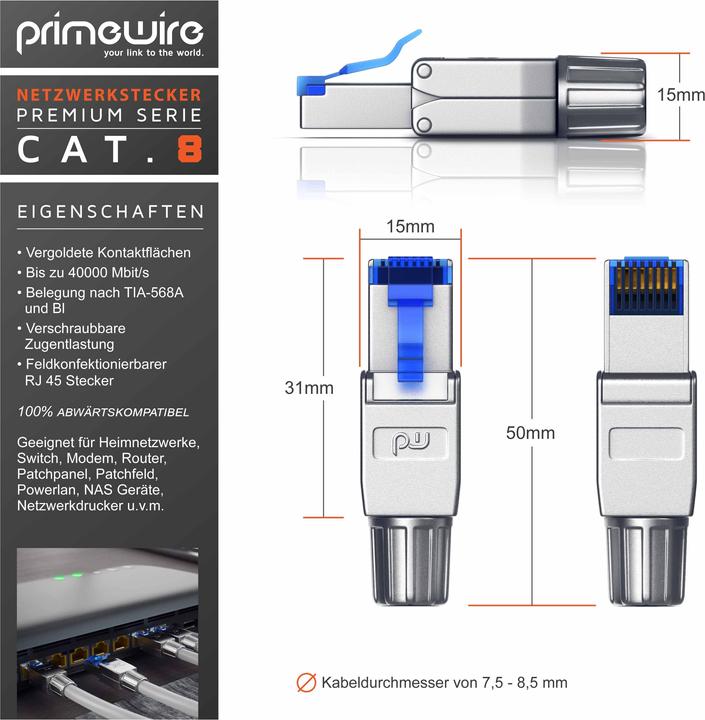 Produktbild Primewire 6x Netzwerkstecker feldkonfektionierbar RJ45 CAT 8, Steckverbinder CAT8 für LAN Kabel Netzwerkkabel (0.05 m)