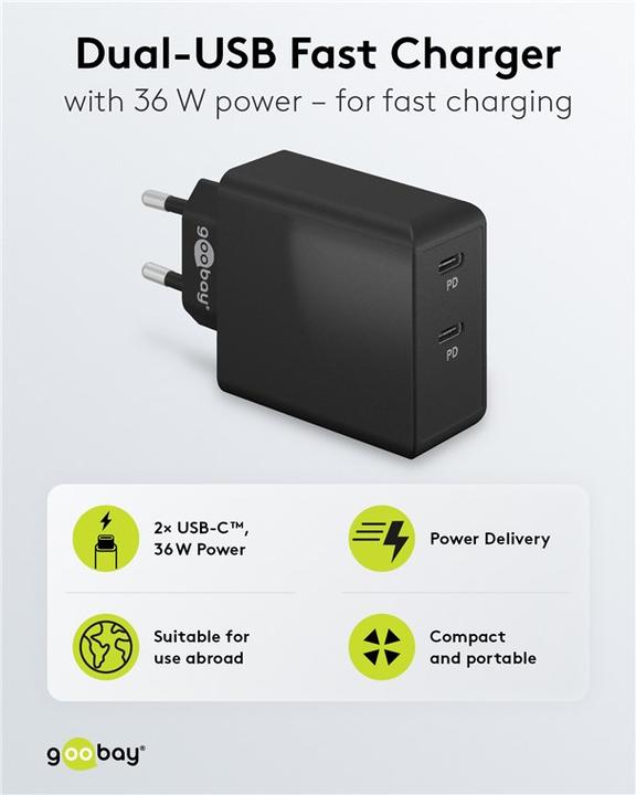 Immagine prodotto Goobay Doppio Caricabatterie Rapido USB C (36 W)