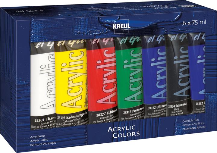 Immagine prodotto Kreul el Greco Set di 6 acrilici (Blu oltremare, Bianco di titanio, Giallo cadmio, Verde permanente, Nero, Rosso reale, 450 ml)