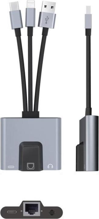 Image du produit PowerGuard 3-in-1 USB-C/USB-A Lightning Multiport Adapter to RJ45 Ethernet 3.5mm Audio (USB-A, Lightning, USB Type C, Jack 3.5mm)