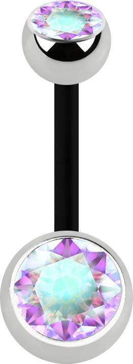 Star Piercing Banane schwarz mit zwei Kugeln silber Kristall multicolor (Chirurgenstahl 316L, ohne Messing, Bioflex)