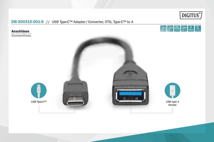 Produktbild Digitus USB Type-C Adapter/Konverter,OTG,Type-C auf A (0.15 m, USB 3.2 Gen 1)