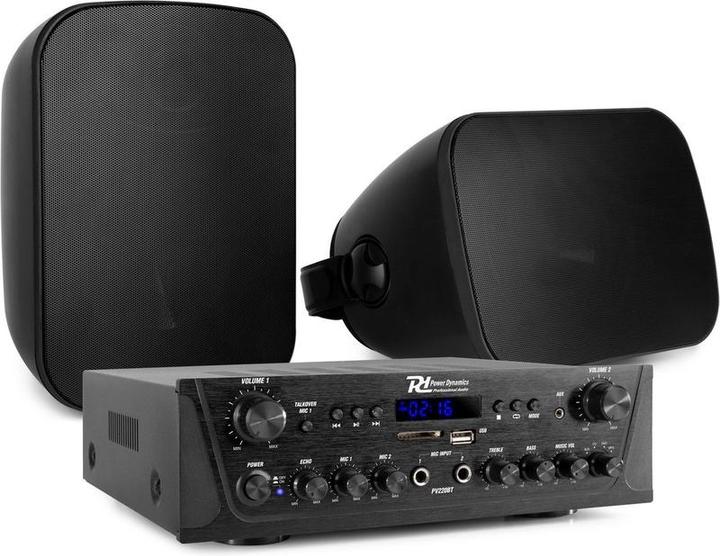 Power Dynamics met Bluetooth - PV220BT 2-zone amplifier audio + 2 BD50B opbouw speakers - 5