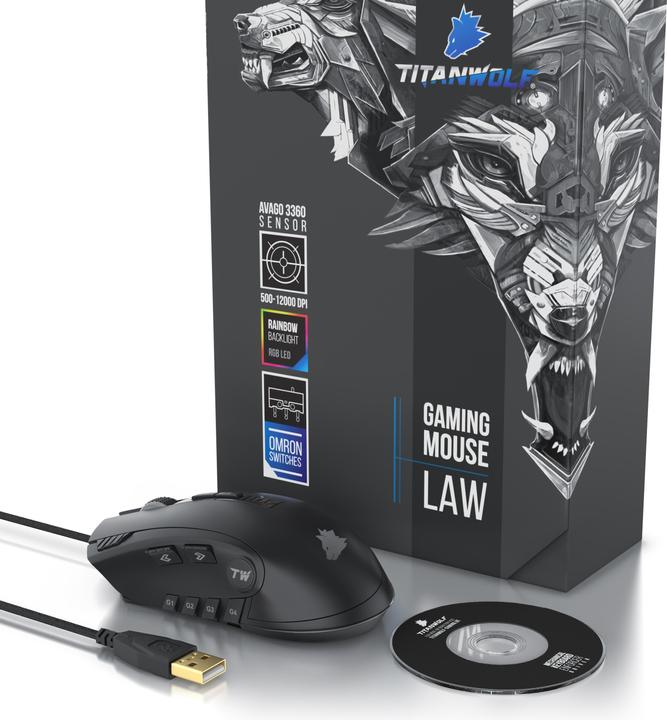 Produktbild Titanwolf Gaming Maus kabelgebunden, Gaming Mouse mit 24000 dpi & Gewichtstuning, 12 Tasten. Avago Sensor (Kabelgebunden)