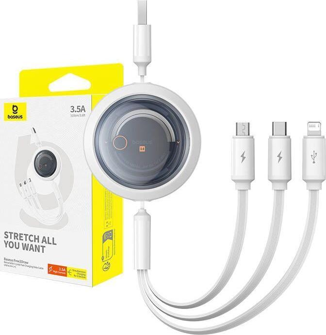 Produktbild Baseus Fast Charging Cable 3in1 Free2Draw, USB to micro USB+USB-C+Lightning, 3.5A, 1.1m (white) (1.20 m, USB 3.2 Gen 1, 100 W)