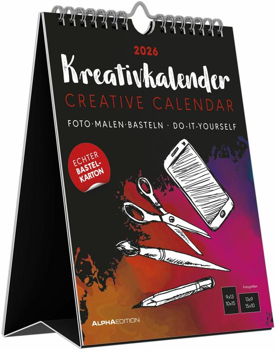 Alpha Edition Kreativ-Kalender Tischaufsteller hoch schwarz 2026 - 16 x 20 - Foto, Malen, Basteln A4 - datiert - (16 x 20 cm, Copertina rigida, Tedesco)