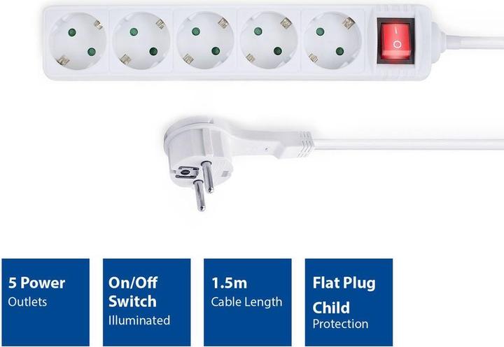 Actual product image Power strip with illuminated switch and flat plug, 5 sockets, 1.5 m, white (5 x, CEE 7/3, 1.50 m)