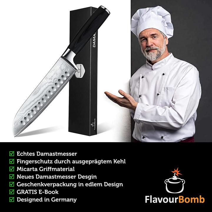 Produktbild FlavourBomb Santoku Messer aus echtem Damaszener Stahl (18 cm)