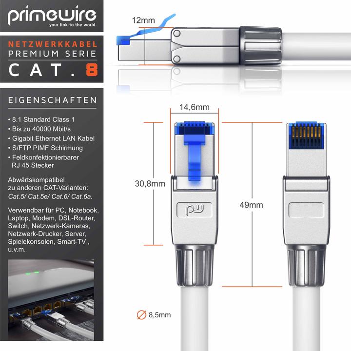 Produktbild Primewire LAN Kabel CAT.8, RJ-45, Netzwerkkabel CAT 8, Gigabit Ethernet 40 Gbit/s, S/FTP Pimf Patchkabel (S/FTP, CAT8.1, 15 m)