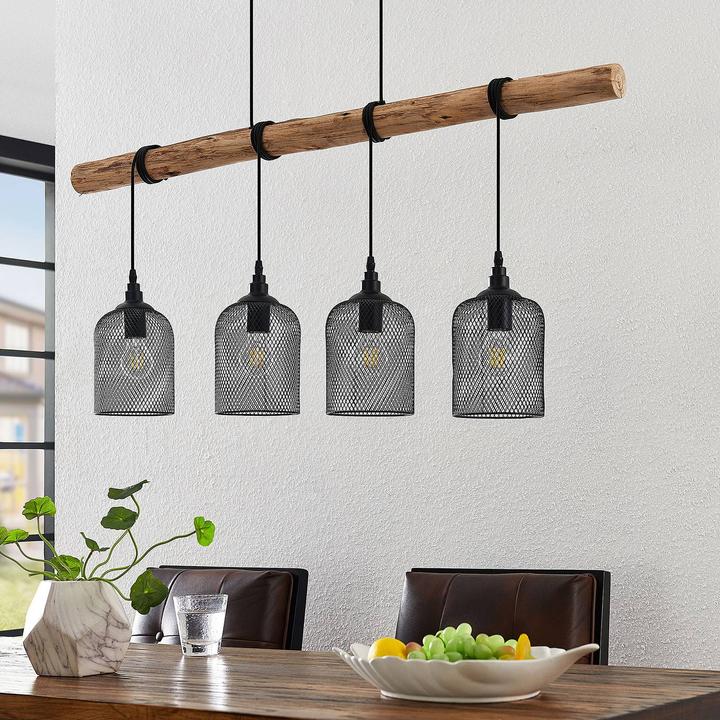 Produktbild Lindby Elrond 4 Pendelleuchte Black/Wood (E27)