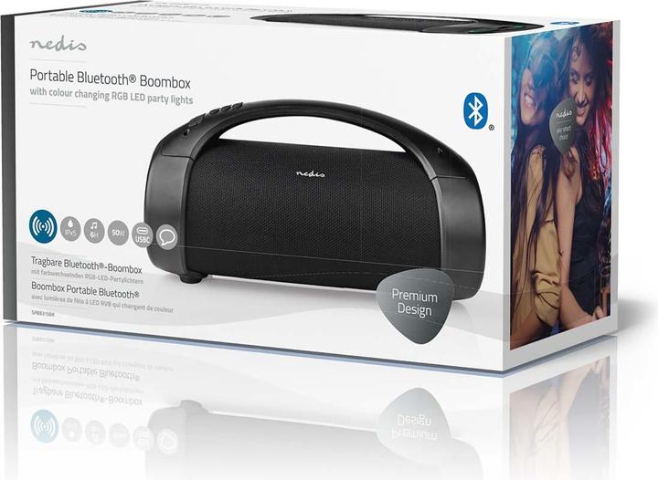 Actual product image Nedis Bluetooth® Party Boombox 6 hrs 2.0 50 W Media Playback: AUX/USB IPX5 Linkable Carrying Handle (6 h, Rechargeable battery operated)