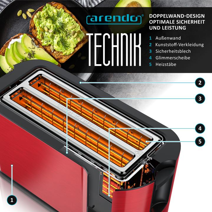 Image du produit Arendo Grille-pain en acier inoxydable 4 tranches à fente longue, support à petits pains, écran avec