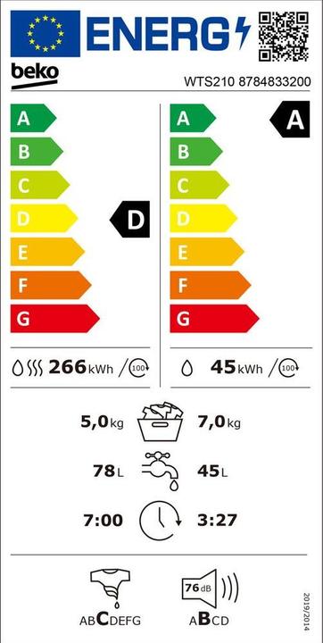 Energy Label Beko Waschtrockner WTS210, W7kg/T5kg
