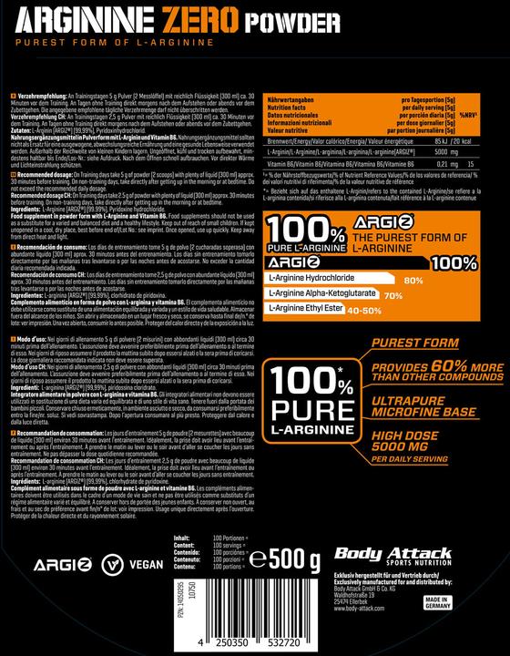 Produktbild Body Attack Arginine Zero (500g Beutel) (Neutral, 1 Stk., 500 g)
